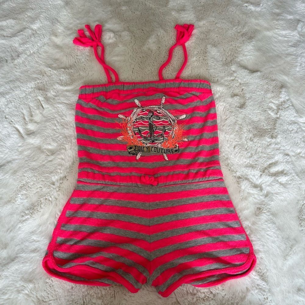 Juicy Couture y2k bright pink and gray striped terry cloth romper